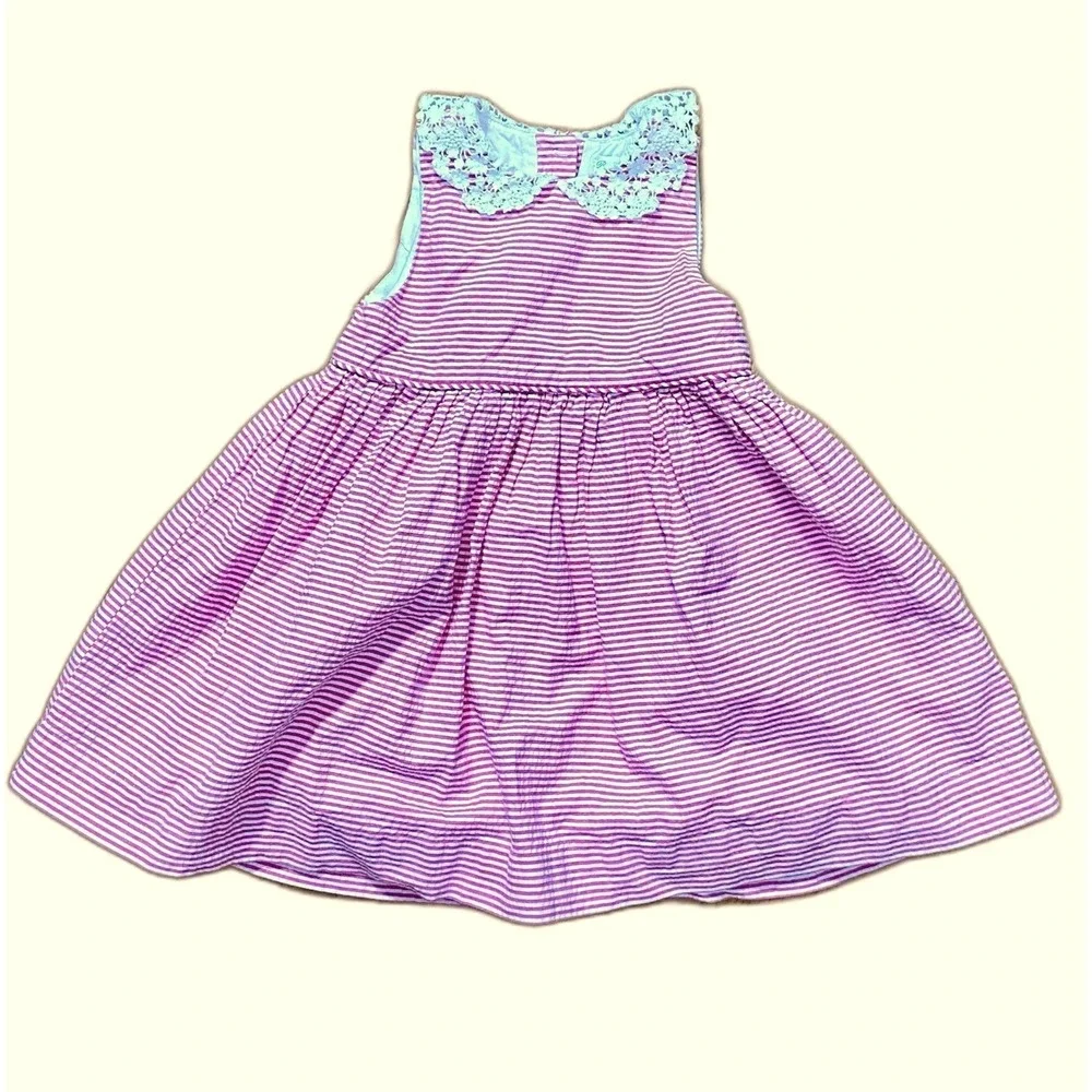 Ralph Lauren Baby Girls Pink‎ White Striped Seersucker Lace Collar Dress 18M